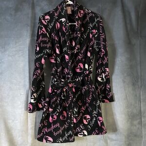 Playboy Bunny All Over Print Black Belted Robe‎ Sz L Vintage Loungewear Cozycore